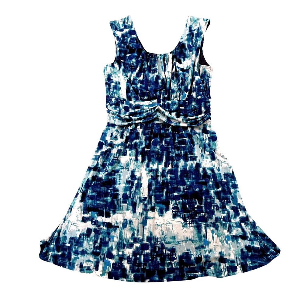 Enfocus Studio Blue Abstract Print Sleeveless Dress Size 14 Ruched Waist